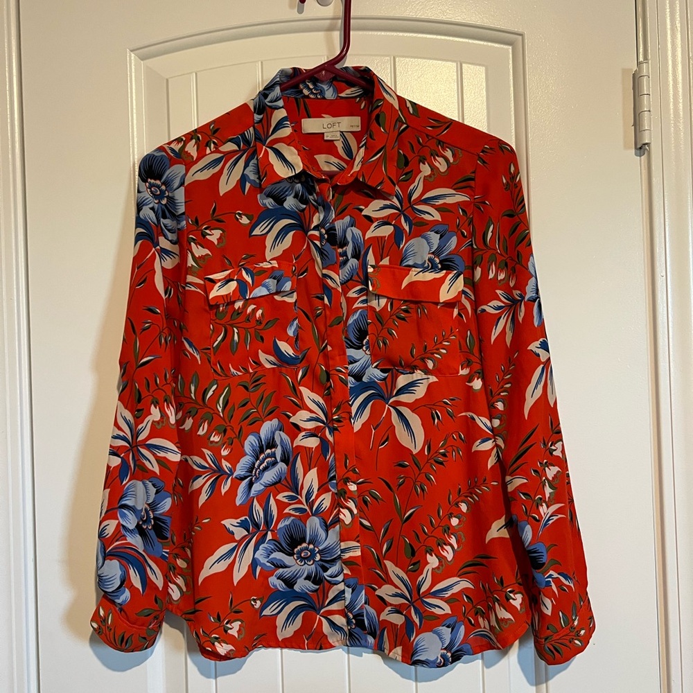 LOFT Red and Blue Floral Blouse